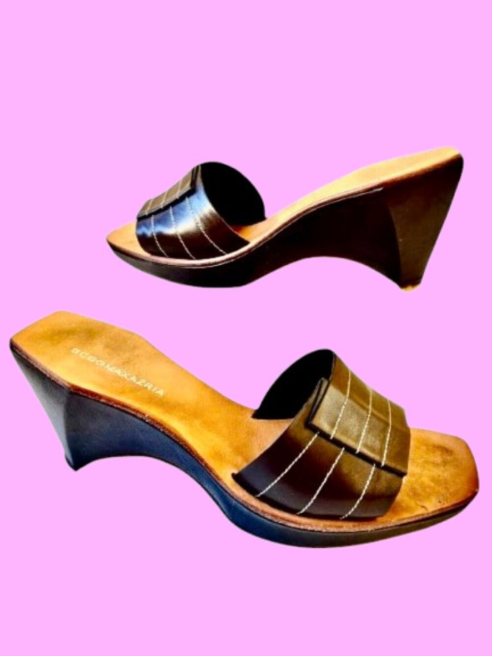 BCBGMaxAzria Brown Leather Sandal Slide Wedge Pump